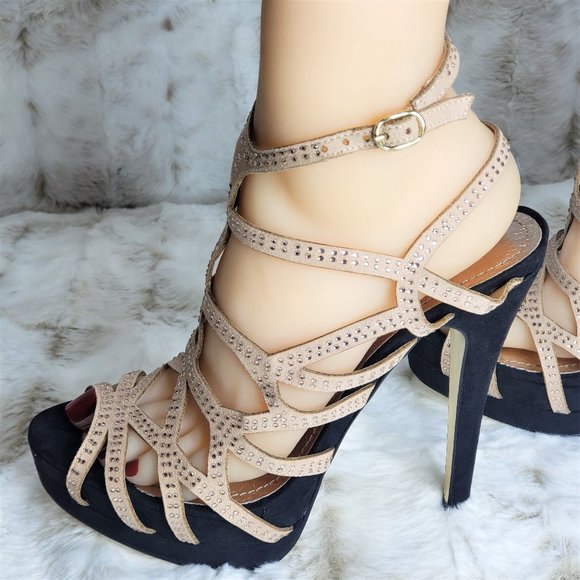 ☆ Nude Rhinestone Strap Platform High Heel Shoes Sandals Size 9 - Picture 4 of 10